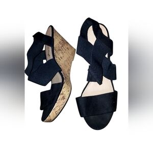 American Eagle Black Cork Wedge Sandals with Crossband Elastic Straps